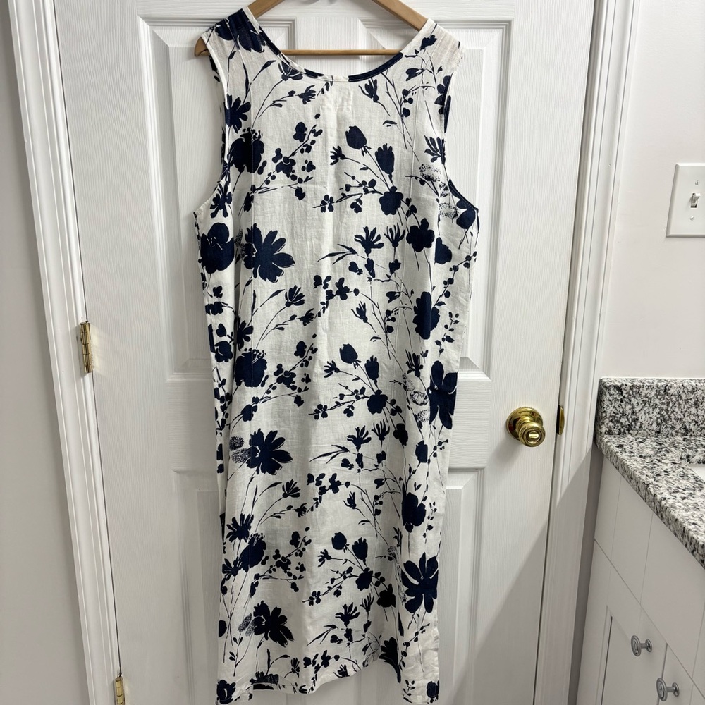 Flax 100% Linen Floral Midi Dress White Large Navy Blue Boho Lagenlook - Picture 5 of 5